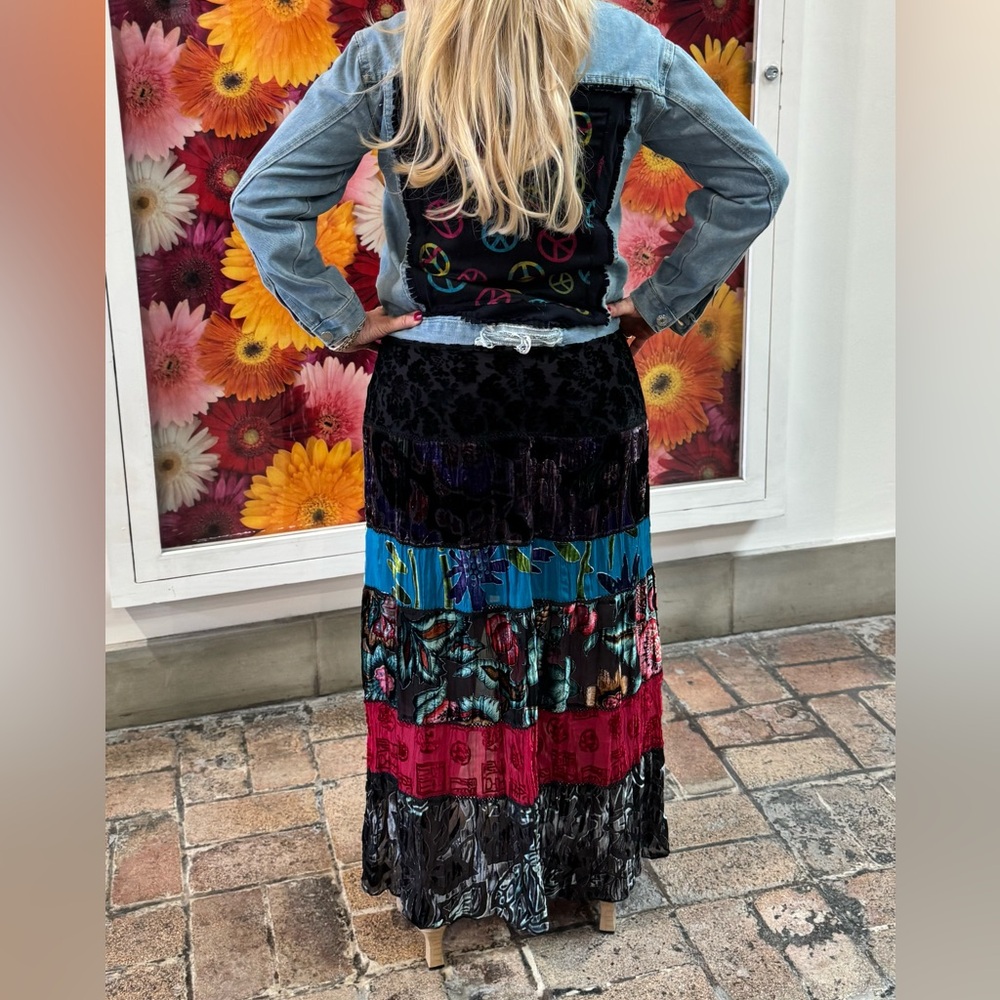 Stylish Blue Denim Jacket with Peace Sign Design